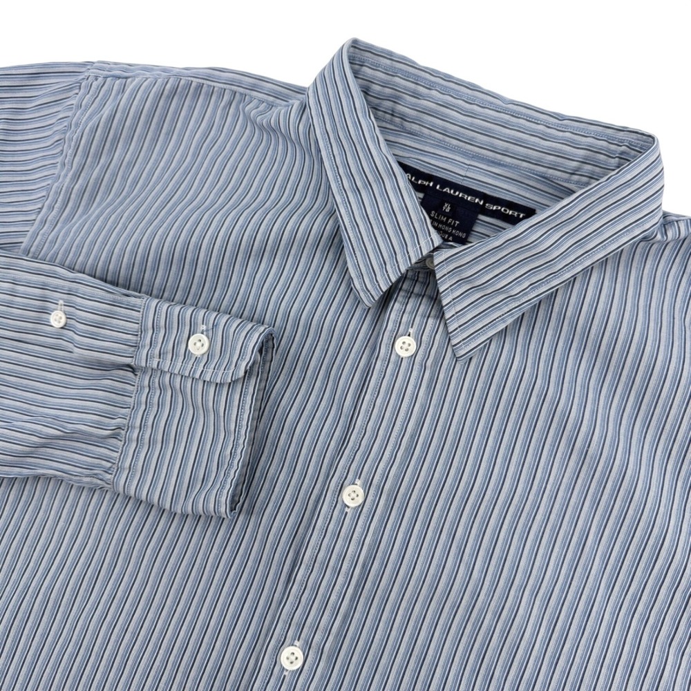 Vintage Ralph Lauren Sport Shirt Mens XL Blue Striped Slim Long Sleeve Cotton